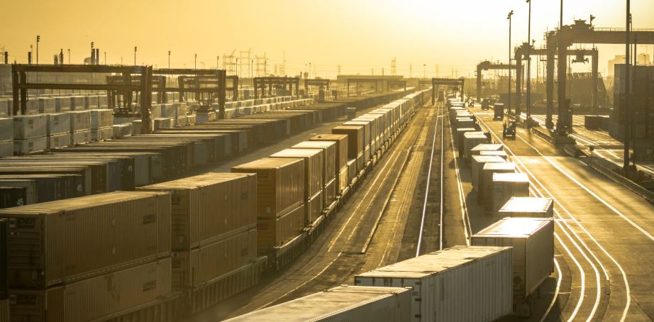 Rail yard with intermodal containers